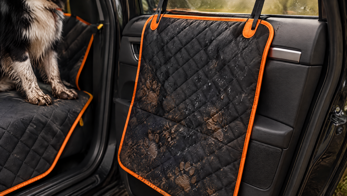 WagPilot door flap covering a rear car door with muddy paw marks (illustrative image)