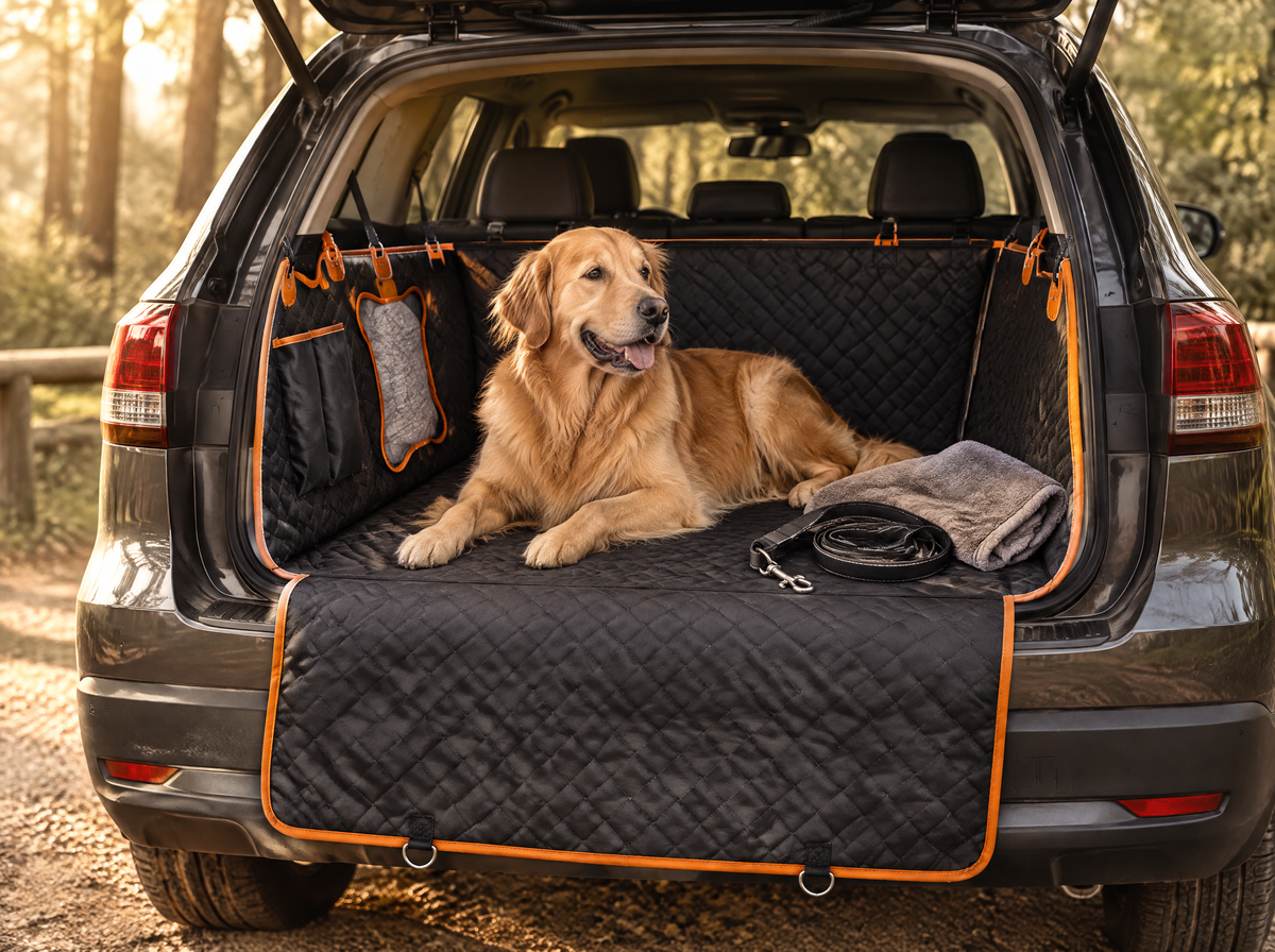 Golden retriever lying on the WagPilot cover used as a boot liner in an SUV (illustrative image)