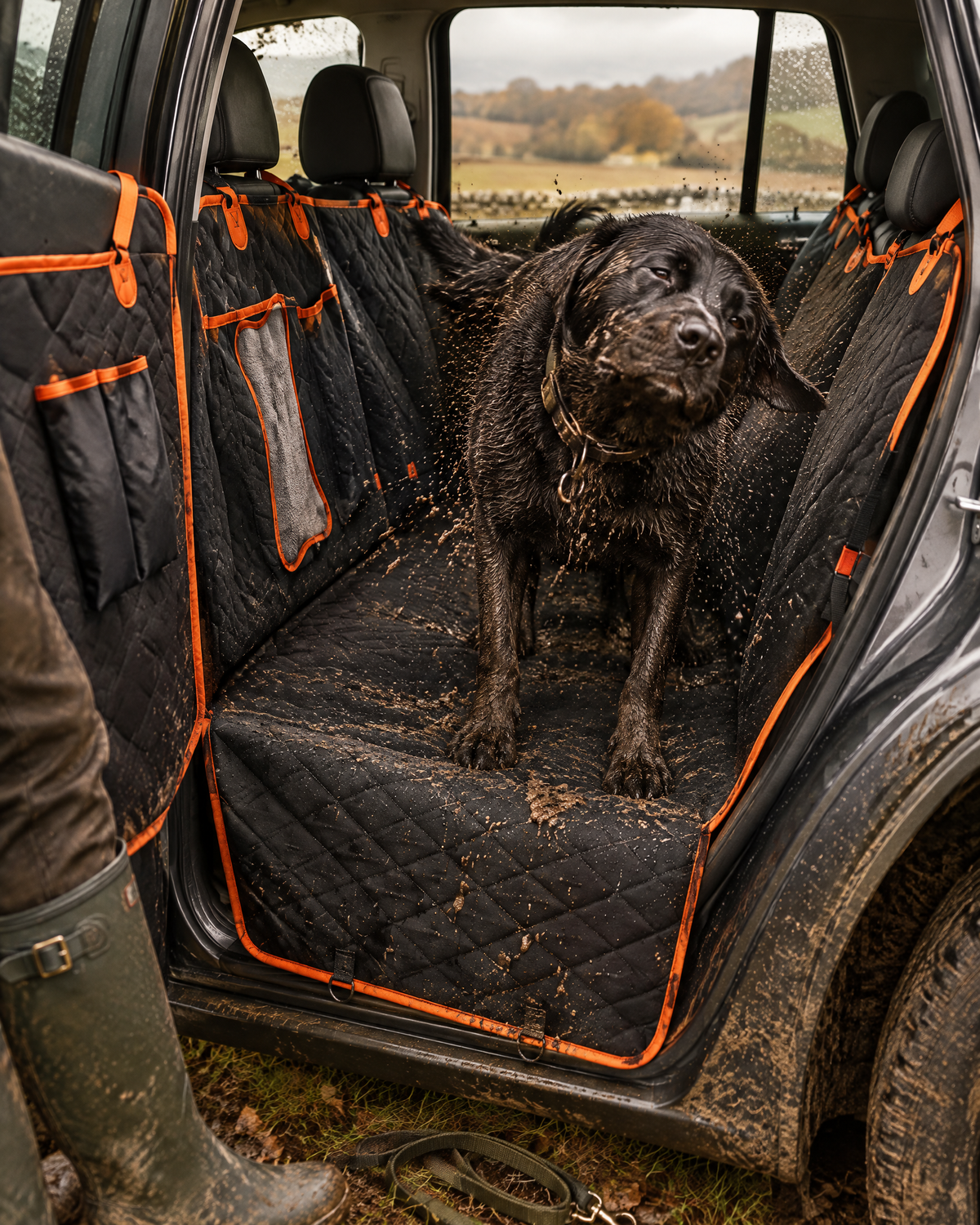 Muddy black Labrador shaking off on the WagPilot seat cover after a walk (illustrative image)