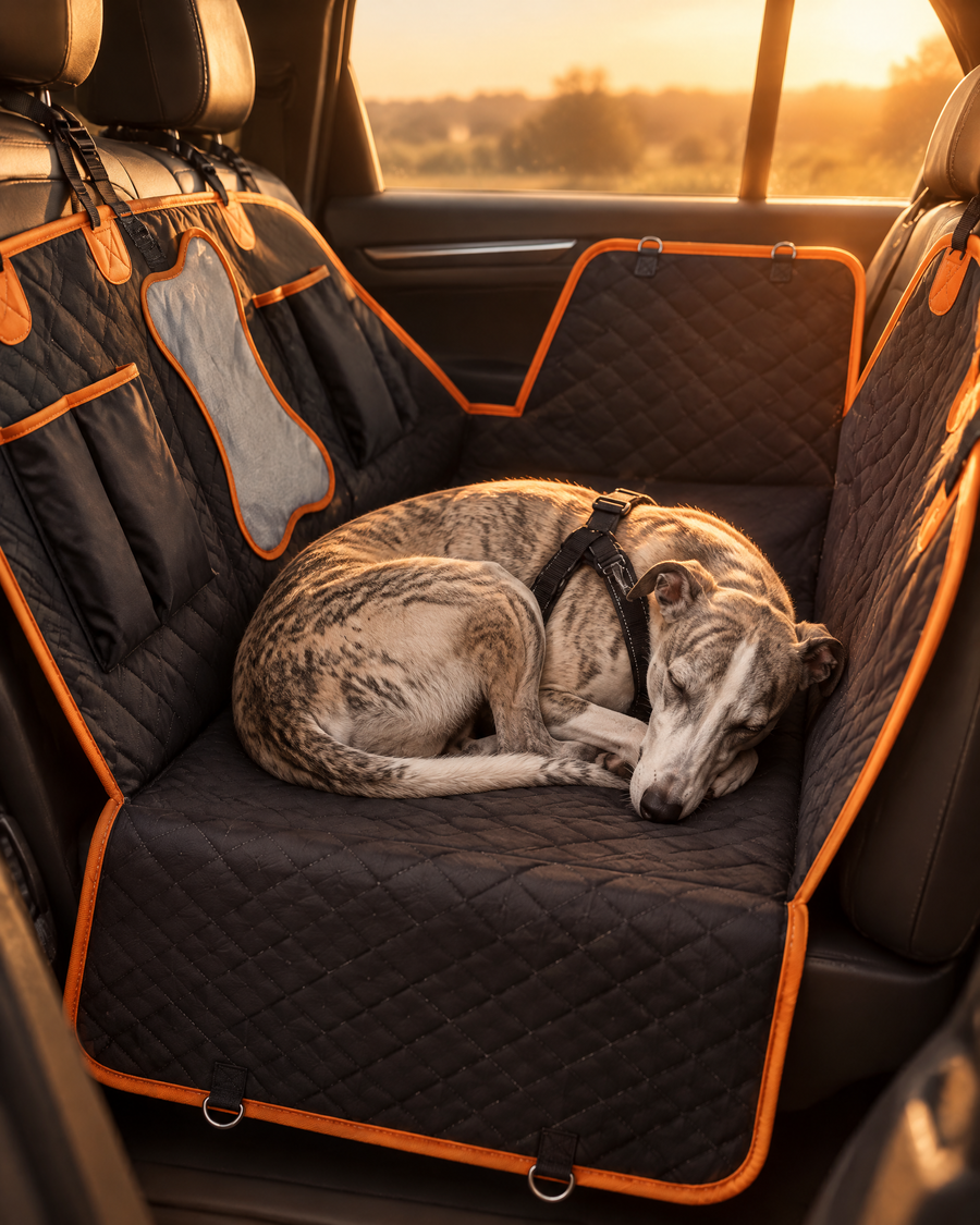 Whippet asleep on the WagPilot seat cover on the drive home at sunset (illustrative image)