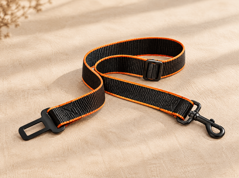Concept image of the WagPilot seat-belt tether in black with orange stitching